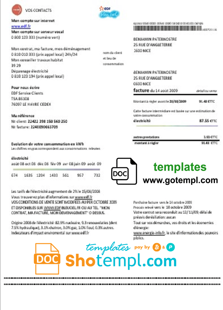 France EDF proof of address utility bill template in Word and PDF format